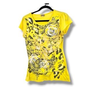 Ever Blue Vintage Y2k Yellow Floral Butterfly‎ Graphic Print Short Sleeve Top